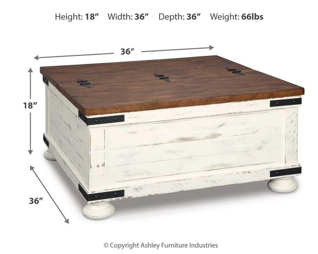 White and brown cocktail table with storage, dark wood top with black pull handles