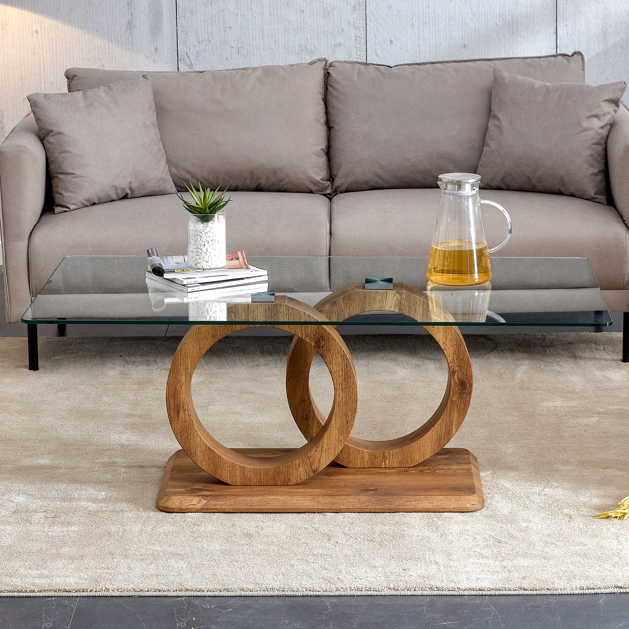 A Rectangular Modern And Fashionable Coffee Table With Tempered Glass Tabletop And Wood Grain Table Legs Suitable For Living Room