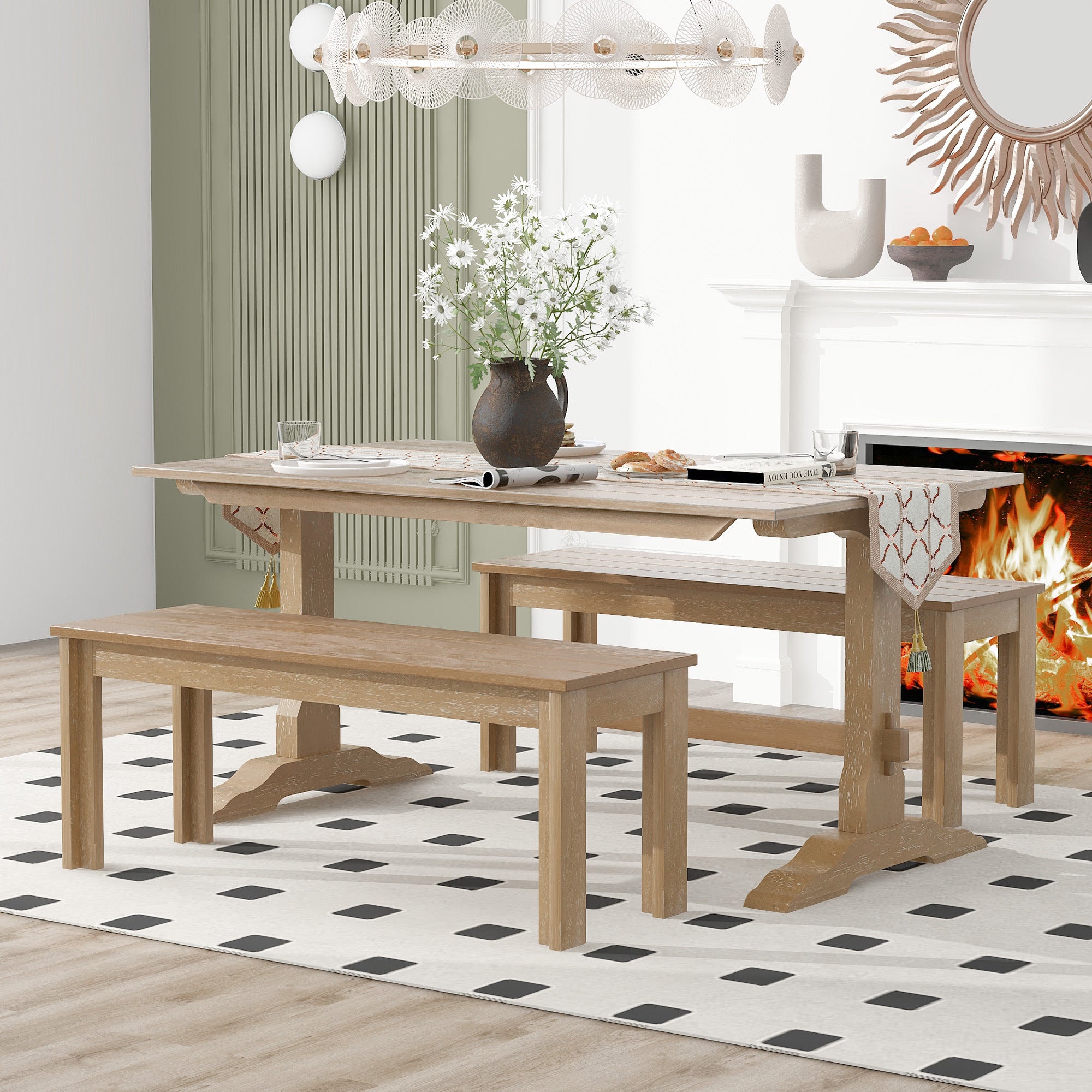 Retro 3-Piece Dining Set (Natural Wood)