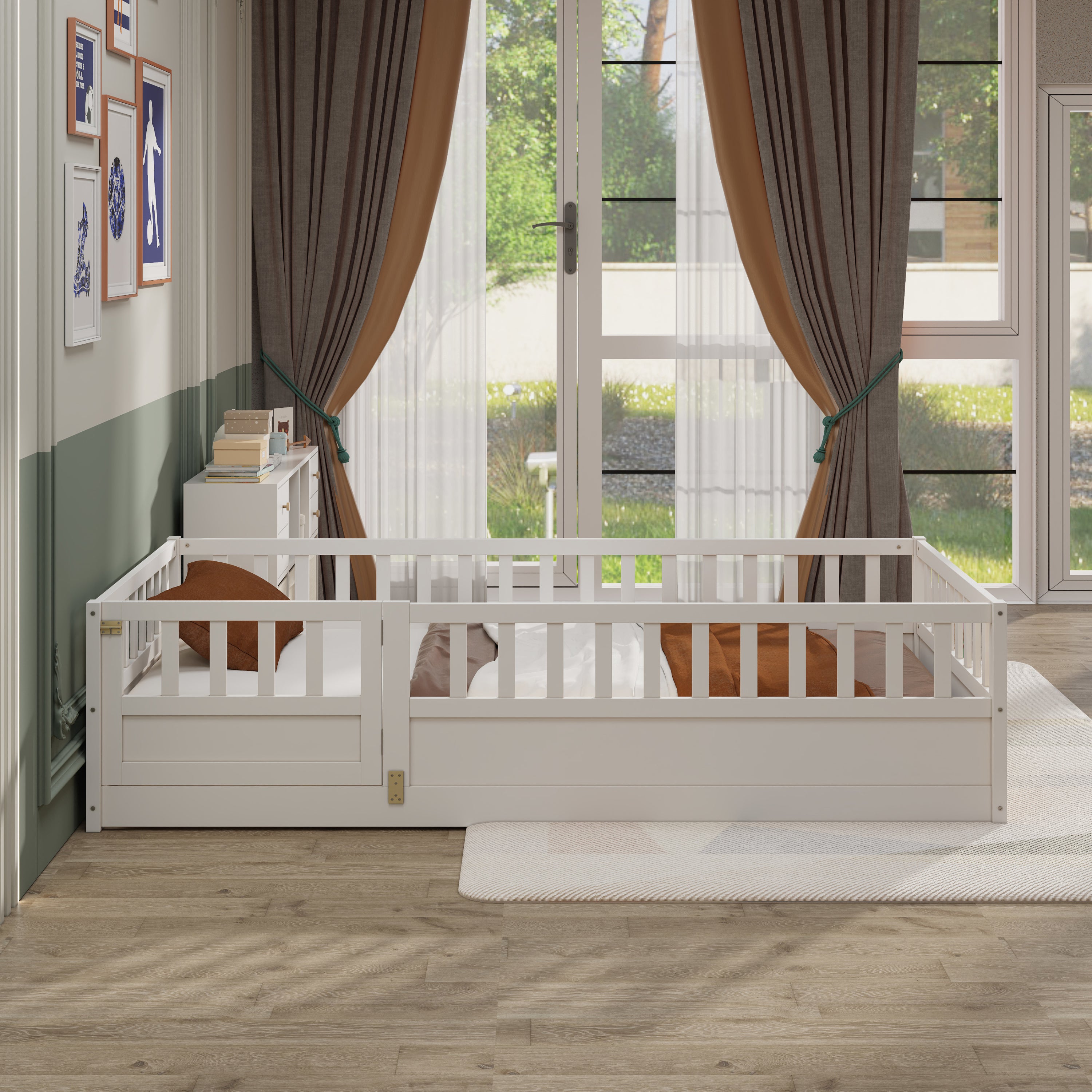White Twin Montessori Kids Floor Bed, Security Barrier, Door