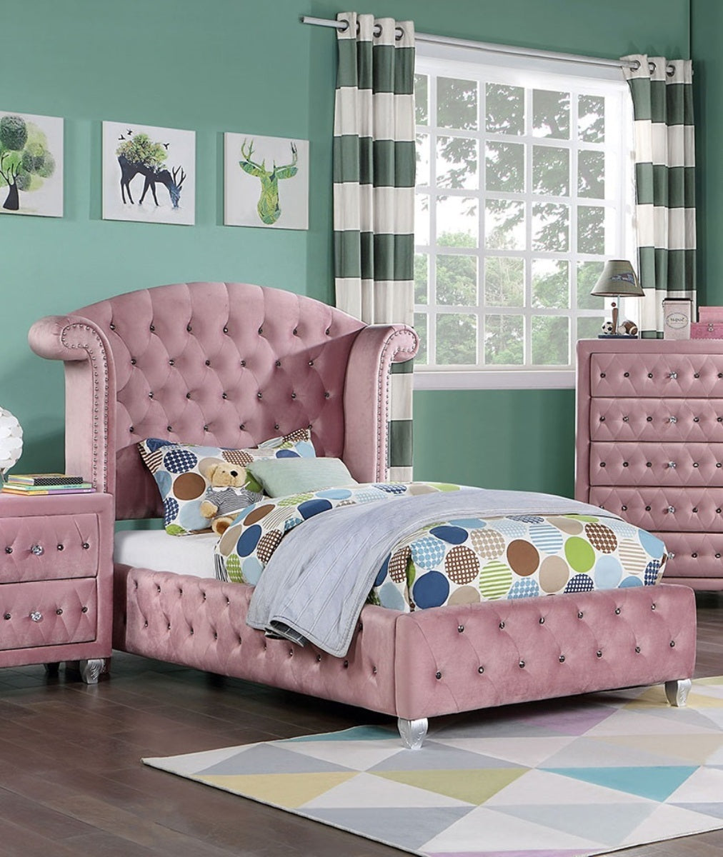 Glam Pink Flannelette Twin Wingback Bed w/ Cabriole Legs