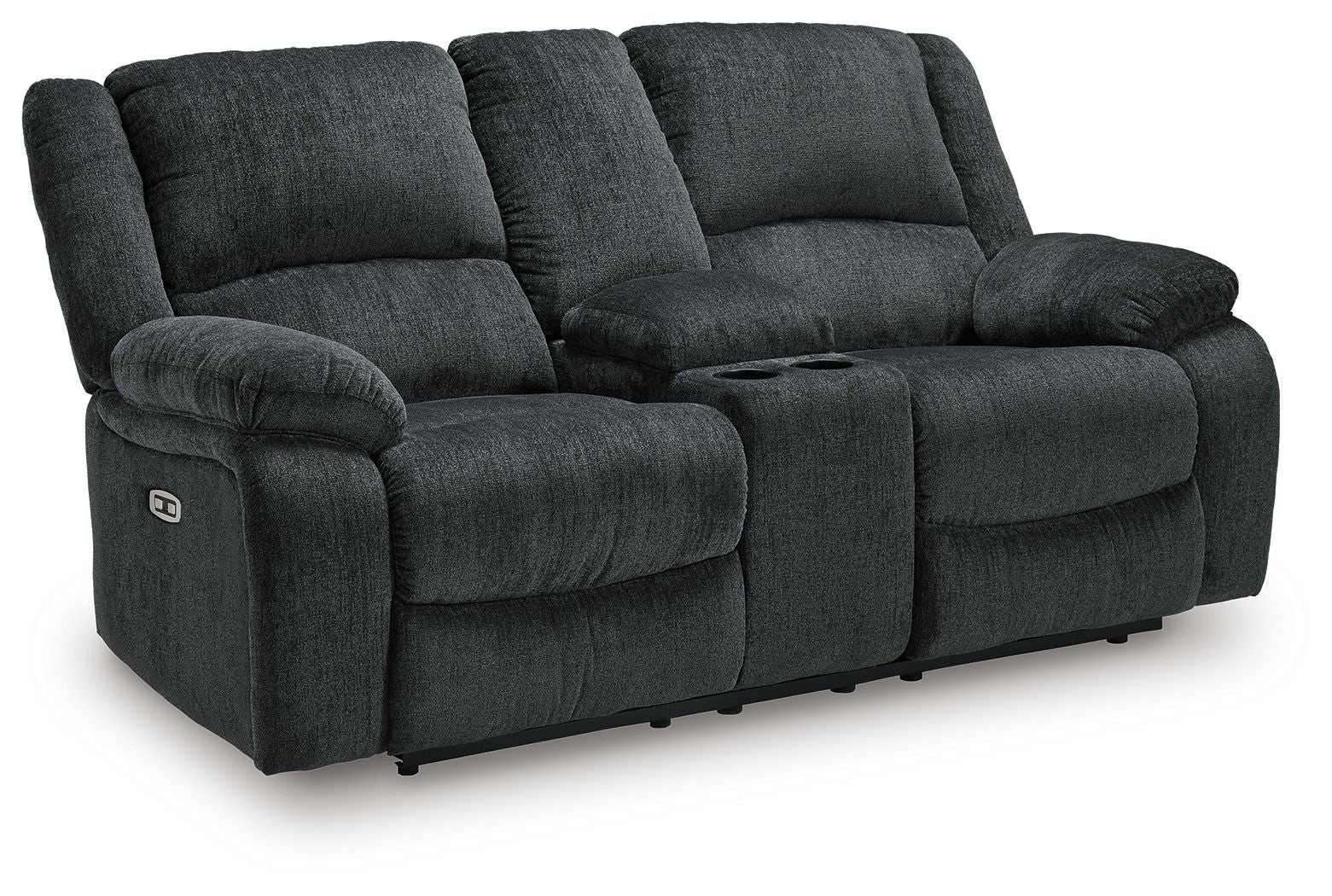 Dark gray reclining loveseat with rounded armrests and tall back cushions