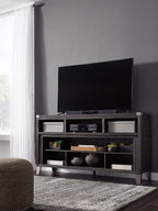 Gray TV stand with open shelves and cabinet doors, shown with media space