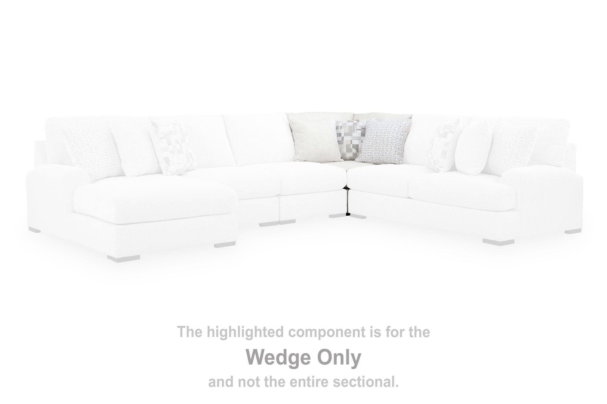 White sectional wedge with tufted seat cushions, low arms, and dark feet