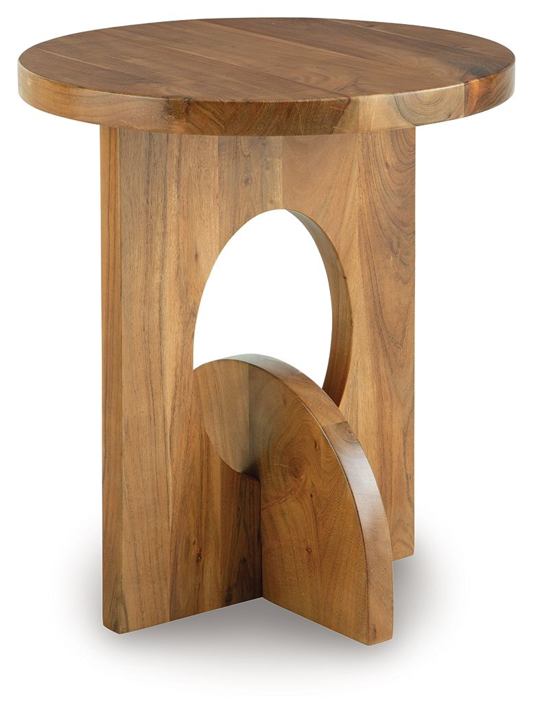 Hollbourne brown accent table with round top and arched cutout base