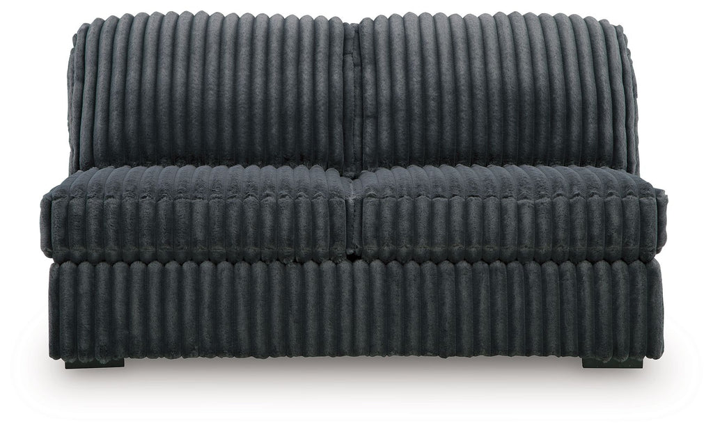 Armless loveseat, gunmetal dark gray ribbed cushion seat with matching back panel