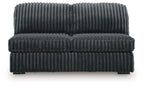 Armless loveseat, gunmetal dark gray ribbed cushion seat with matching back panel