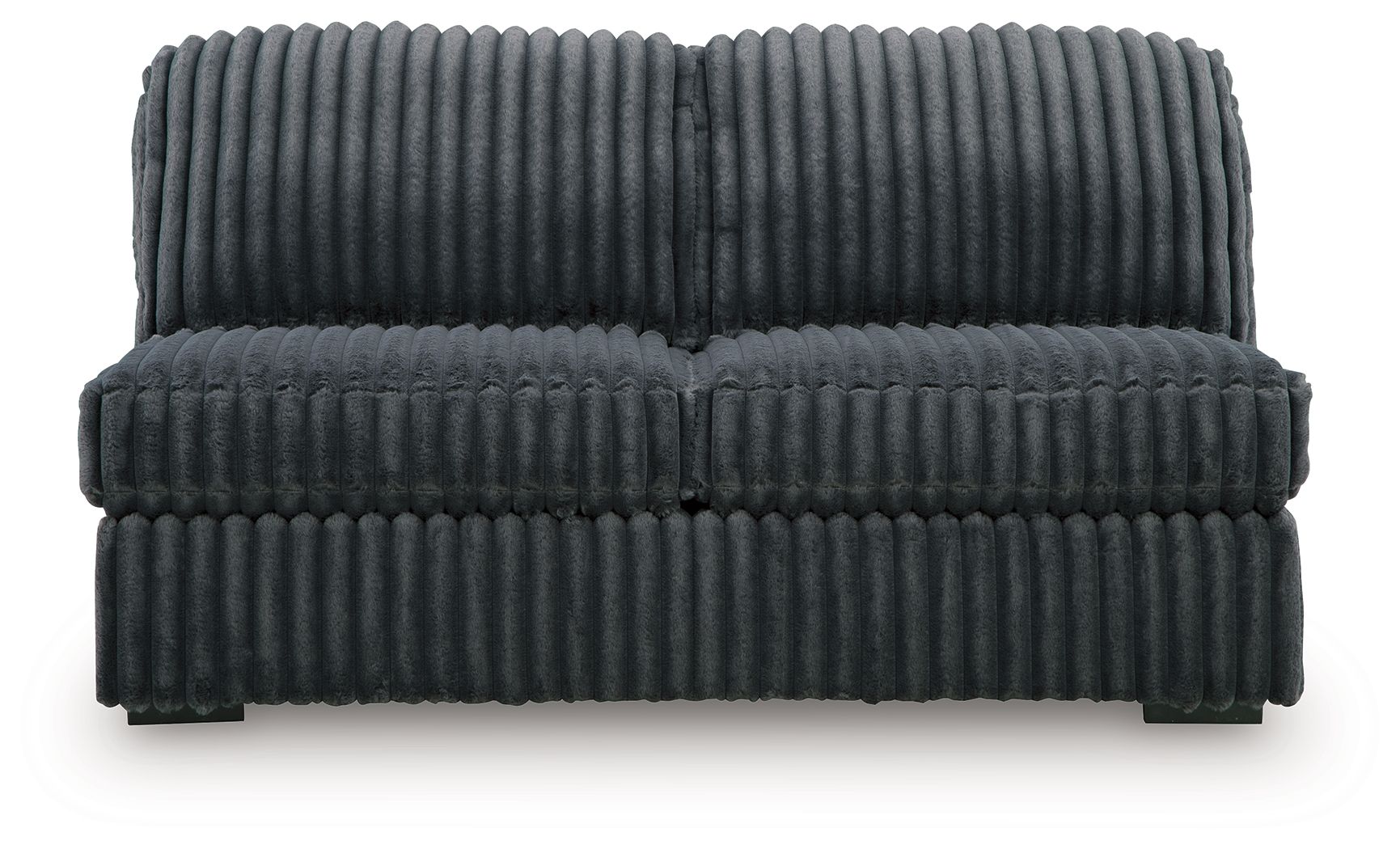 Armless loveseat, gunmetal dark gray ribbed cushion seat with matching back panel