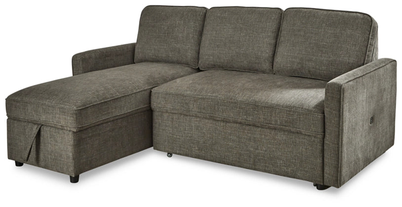 Charcoal sectional sofa bed with pop-up chaise, tufted cushions and square arms