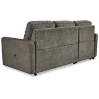 Charcoal sectional sofa bed with chaise, close side angle and armrest cushions