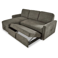 Charcoal sectional sofa bed with chaise, cushions up and open sleeping surface