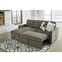 Charcoal sectional sofa bed with chaise, open lounge position and accent pillows