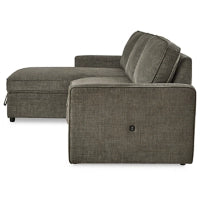 Charcoal sectional sofa bed with pop-up chaise, fold-down arm and tufted cushions
