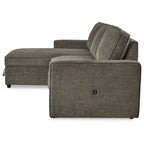 Charcoal sectional sofa bed with pop-up chaise, fold-down arm and tufted cushions