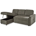 Charcoal sectional sofa bed with chaise, side view and storage base detail