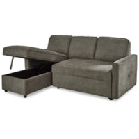 Charcoal sectional sofa bed with chaise, side view and storage base detail