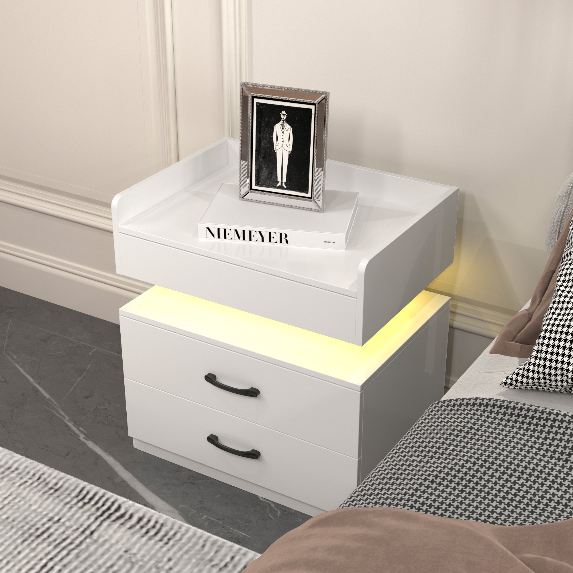 Modern LED Nightstand with 2-Drawers & Large Storage for Bedside