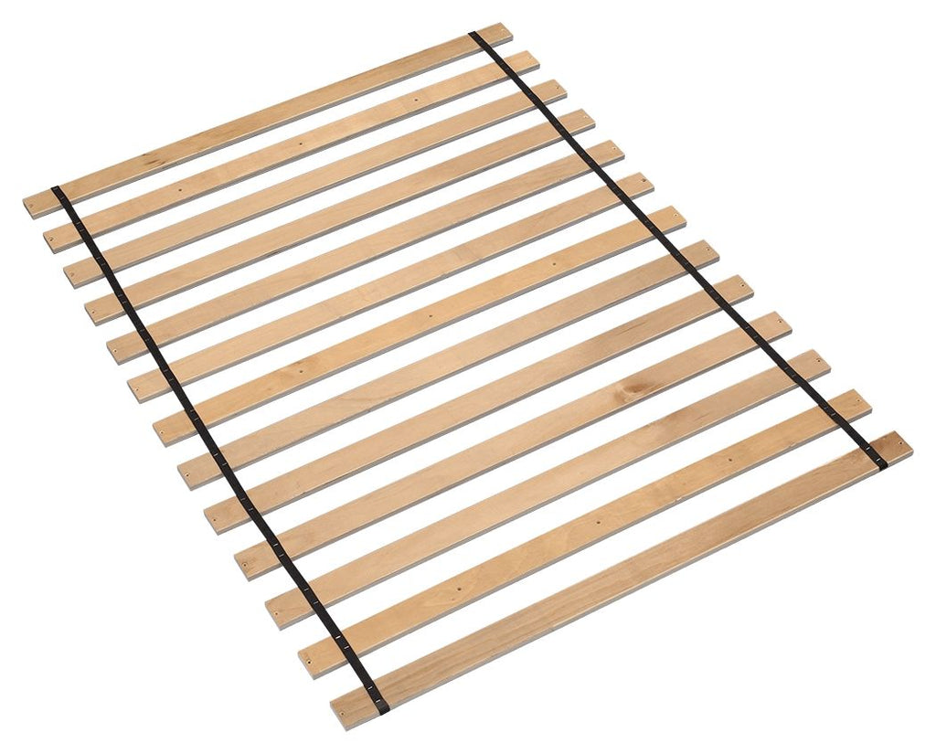 Brown wooden platform slat frame with dark support straps