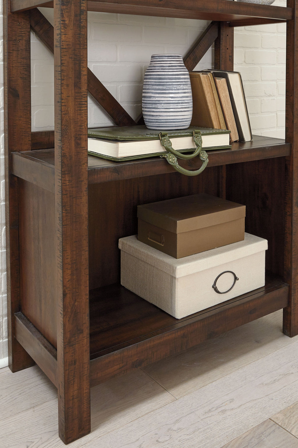 Rustic brown open large bookcase with three shelves for displaying and storing