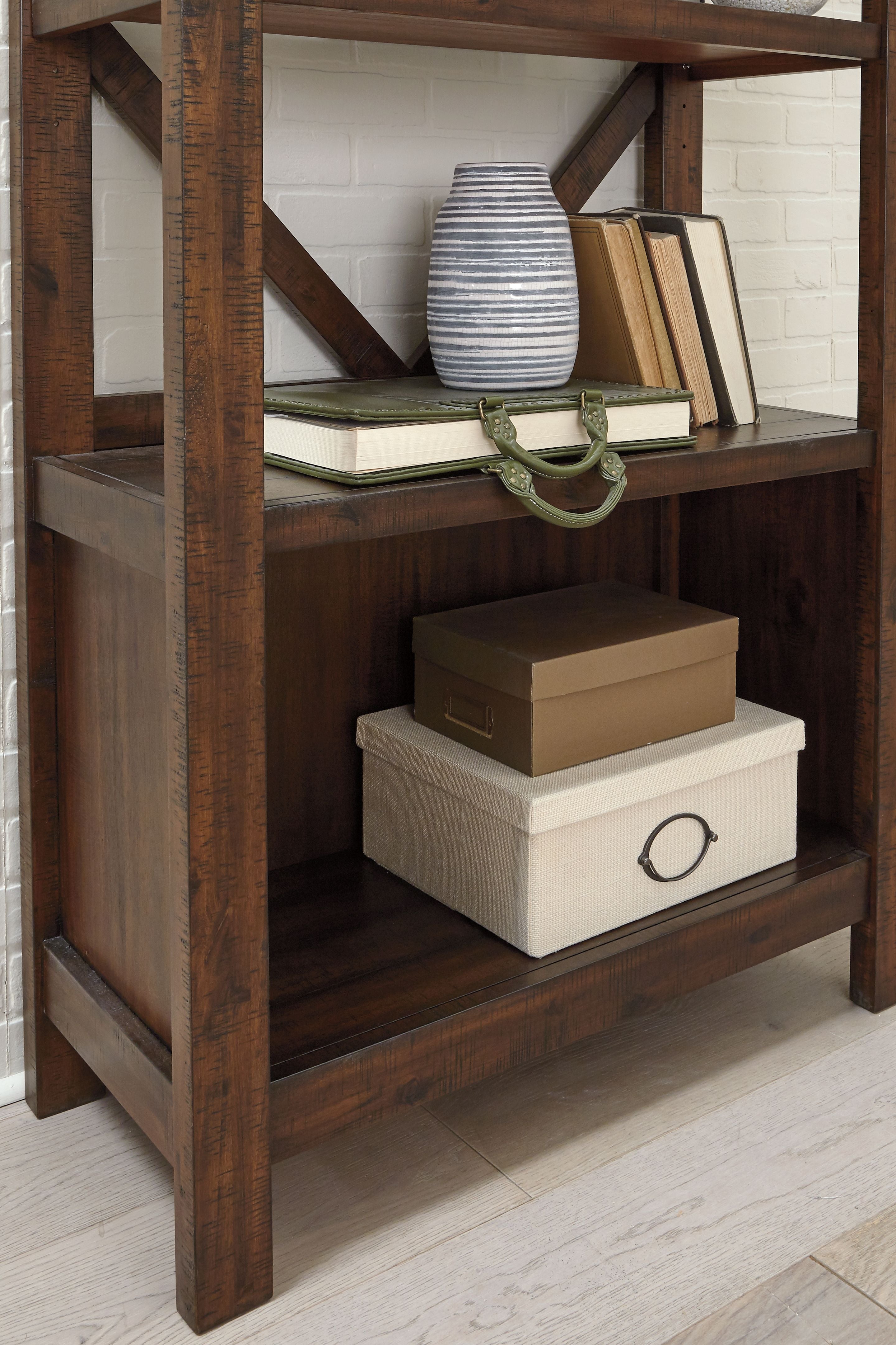 Rustic brown open large bookcase with three shelves for displaying and storing