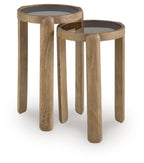 Light brown accent table set of 2 with round tops and tapered legs