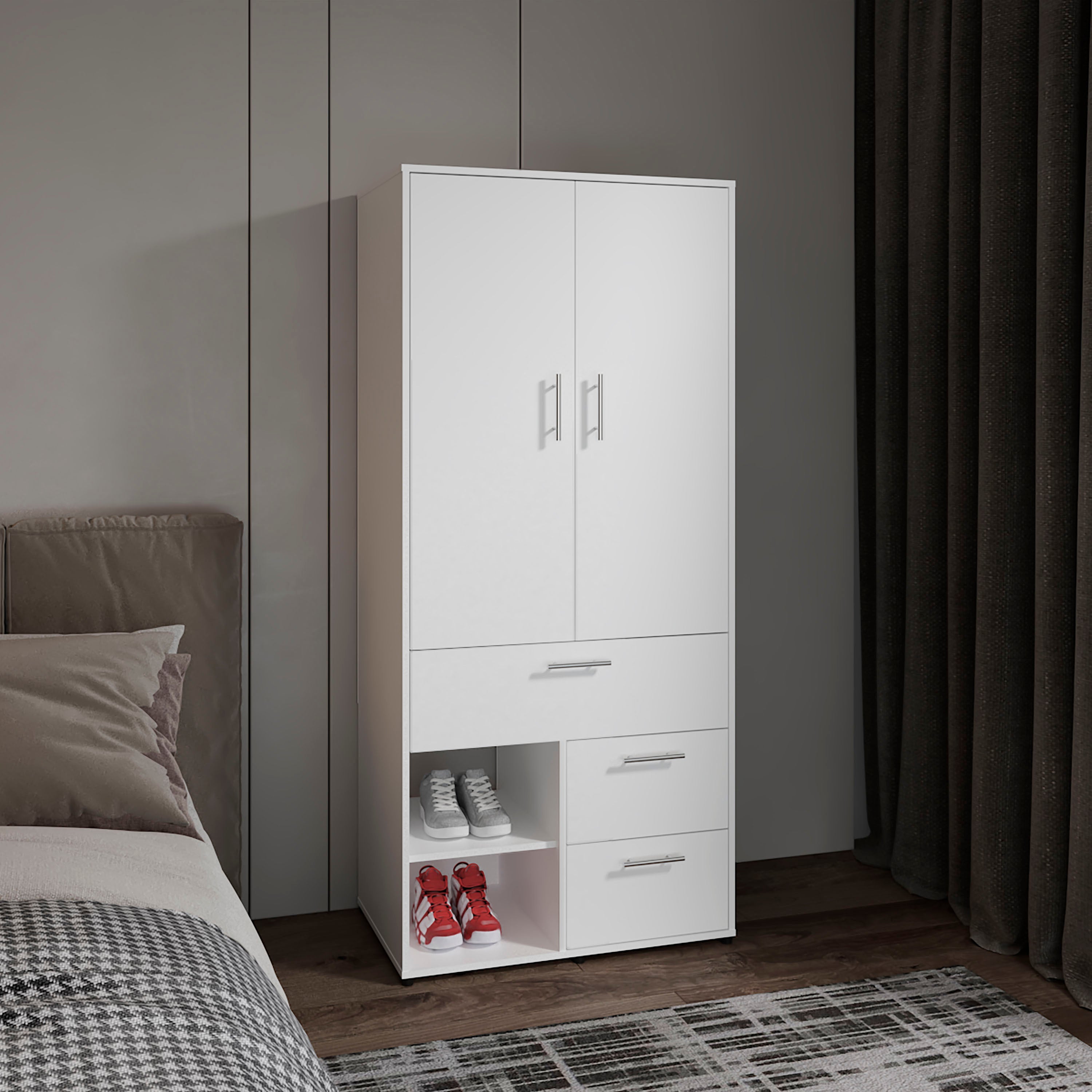 White Bedroom Armoire: 2 Doors, 3 Drawers, 2 Shelves