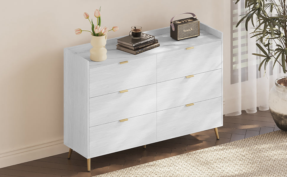55" White Dresser with Marbling Top & Metal Legs