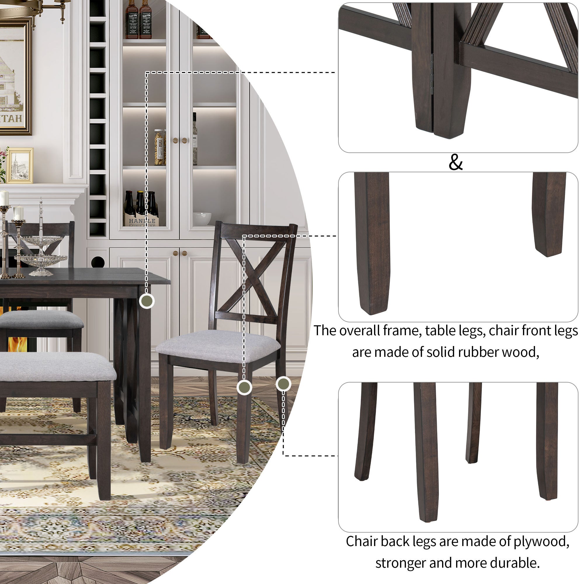 6-Pc Dining Set, Foldable Table & Bench (Espresso)