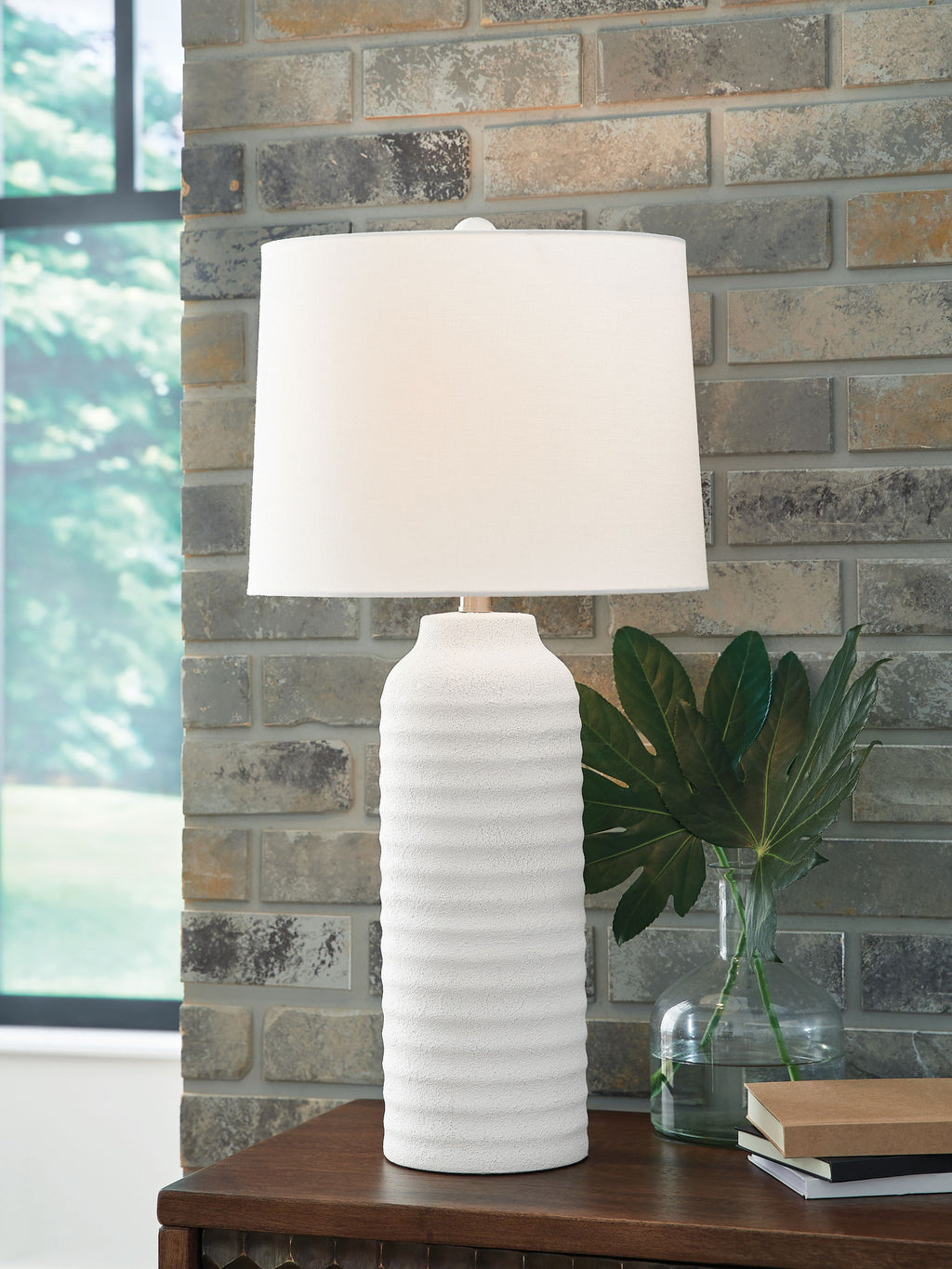 White poly table lamp with drum shade and ribbed base