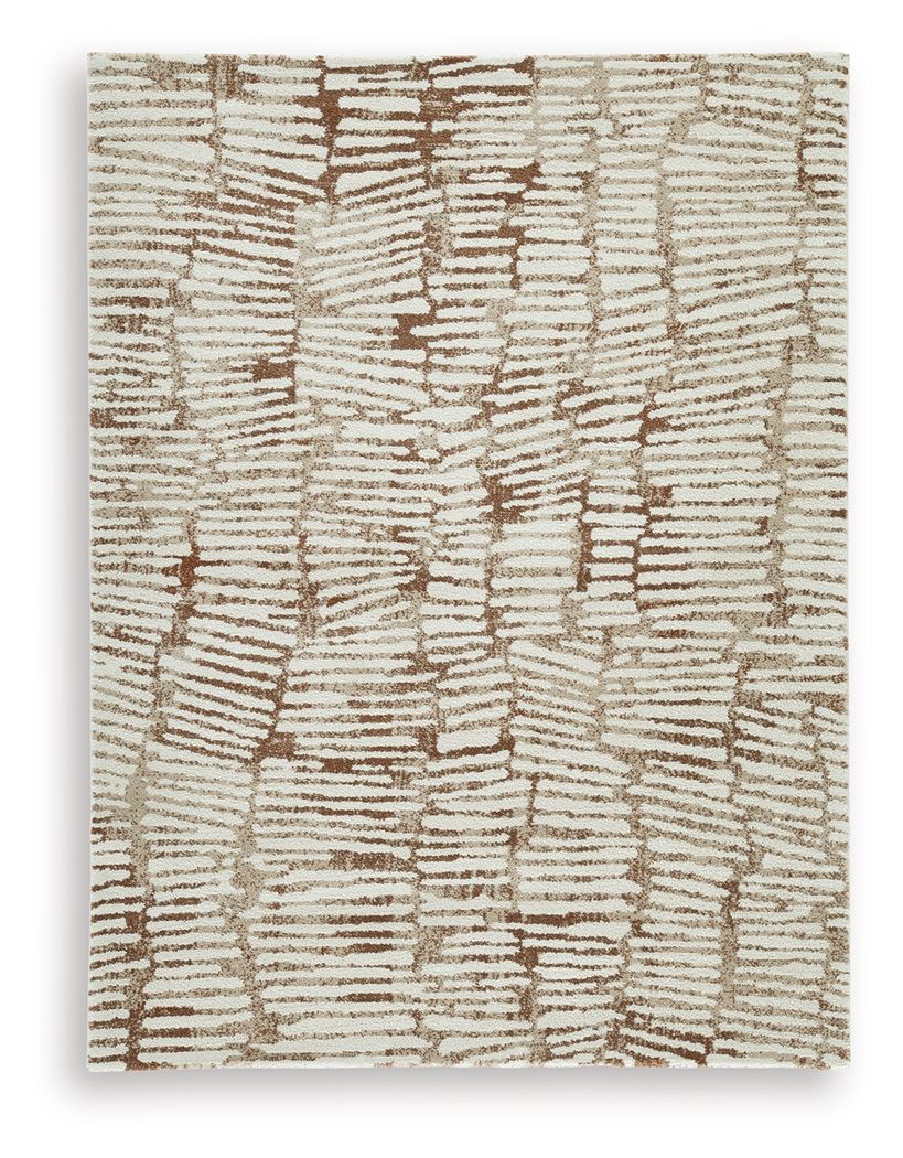 Area rug, cream with rust vertical and horizontal abstract stripe pattern