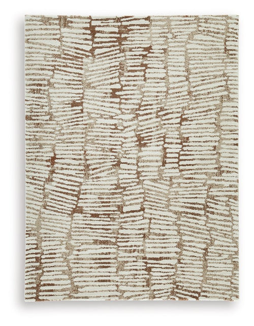 Area rug, cream with rust vertical and horizontal abstract stripe pattern