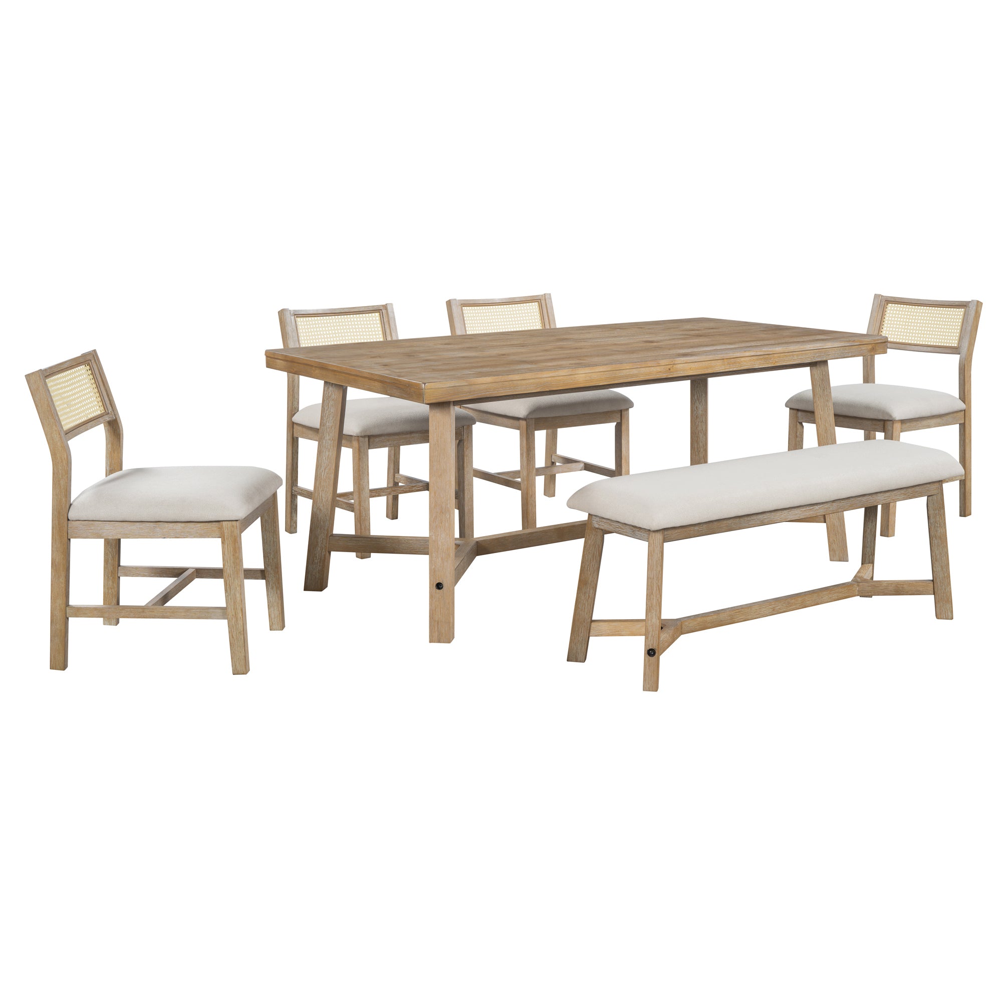 6-Piece Farmhouse Dining Set (Natural Wood)