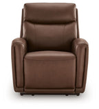Brown leather-look power recliner with tall back and wide armrests