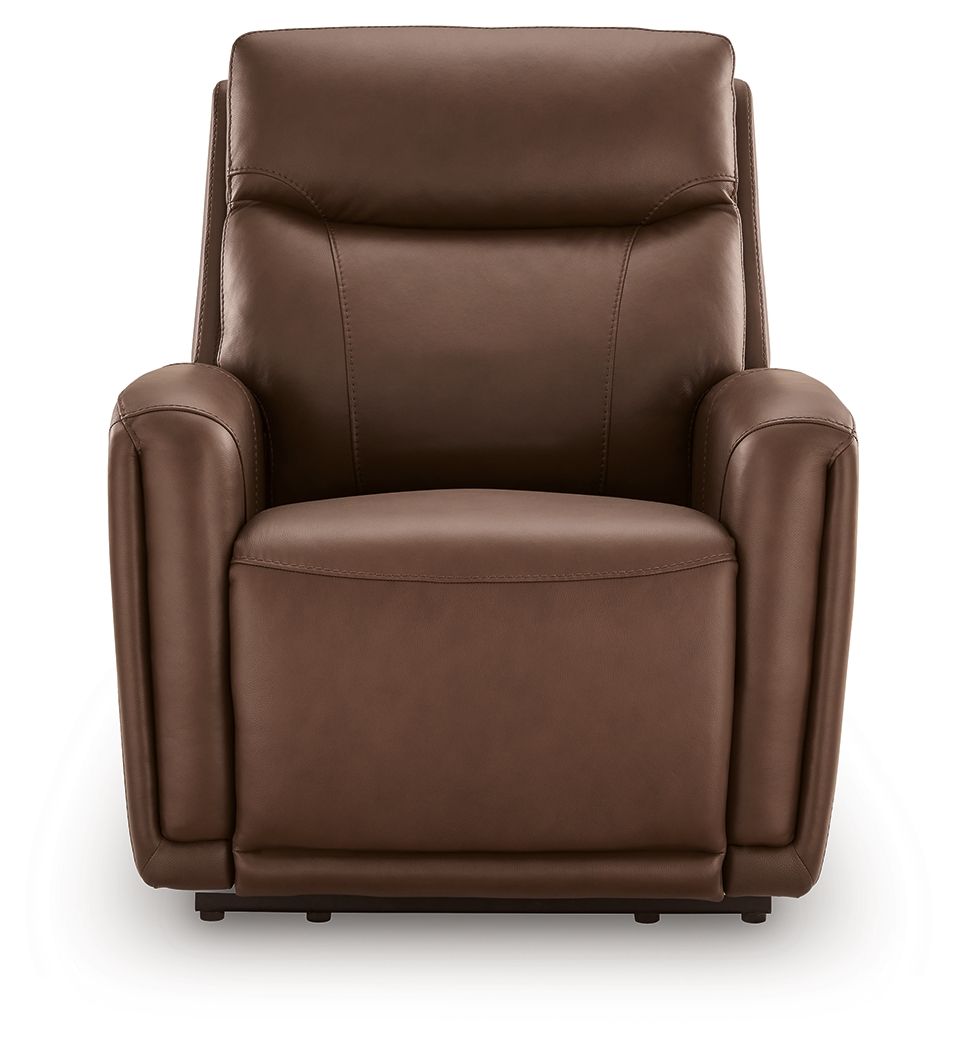 Brown leather-look power recliner with tall back and wide armrests