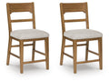 Light brown upholstered barstool with oatmeal fabric seat and ladder-style sides
