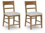 Light brown upholstered barstool with oatmeal fabric seat and ladder-style sides