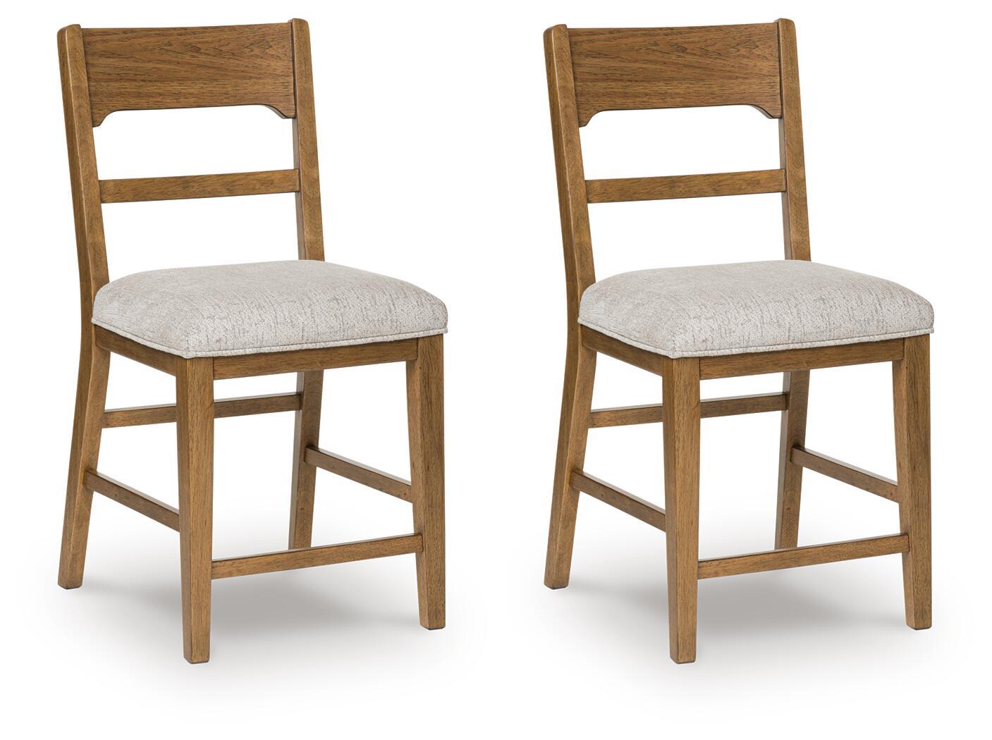 Light brown upholstered barstool with oatmeal fabric seat and ladder-style sides