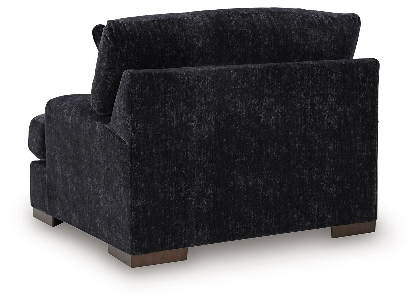 Black upholstered chair-and-a-half with high back, rounded arms, and angled front view
