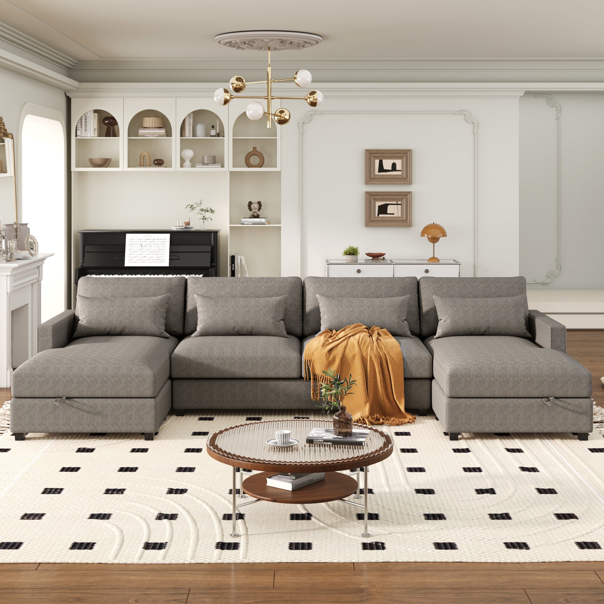 Modern Large U-Shape Sectional Sofa: 2 Large Chaise, Storage, 4 Lumbar Pillows - Gray