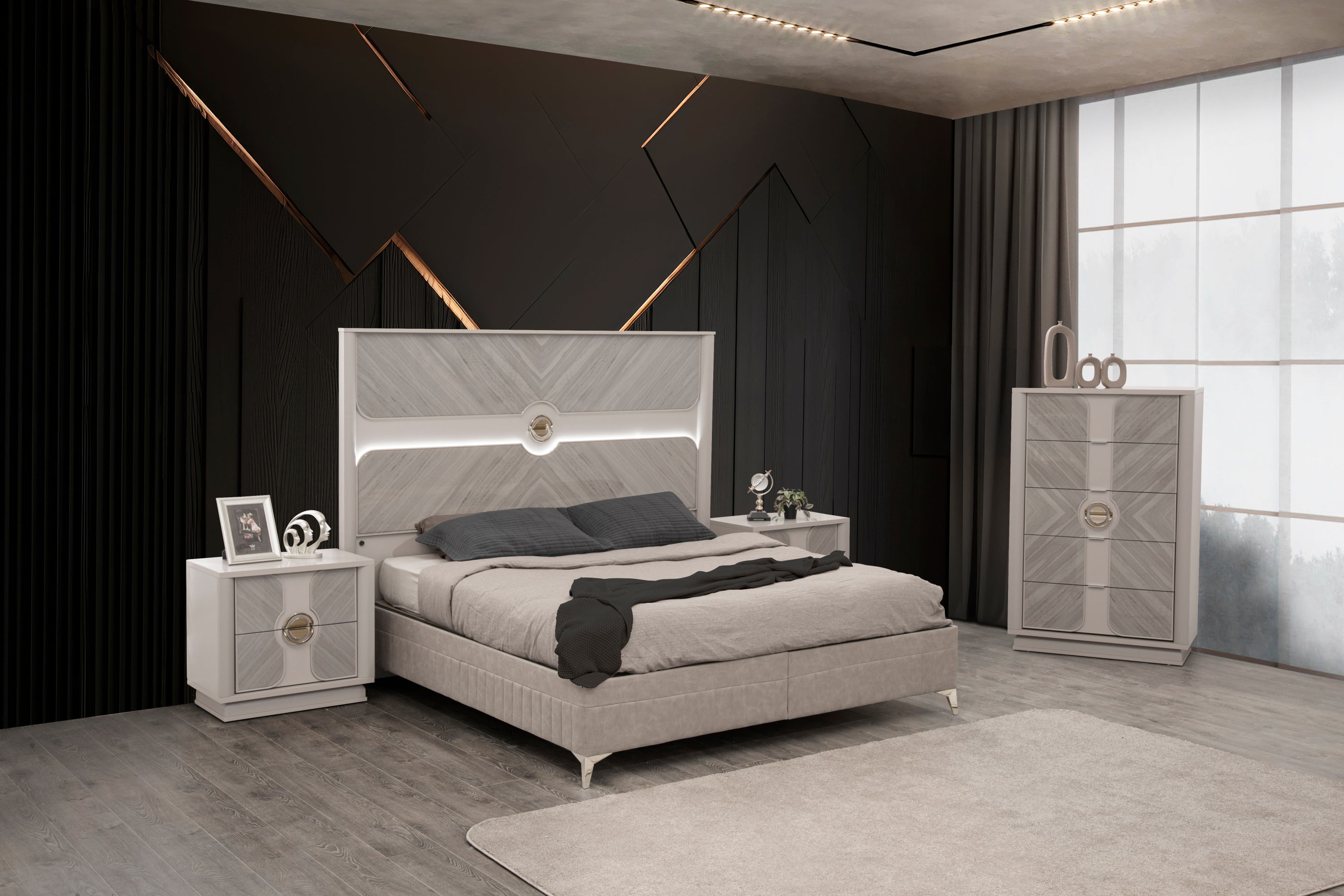 Eternity King Bedroom Set: Traditional Wood, Gold Accents, Beige