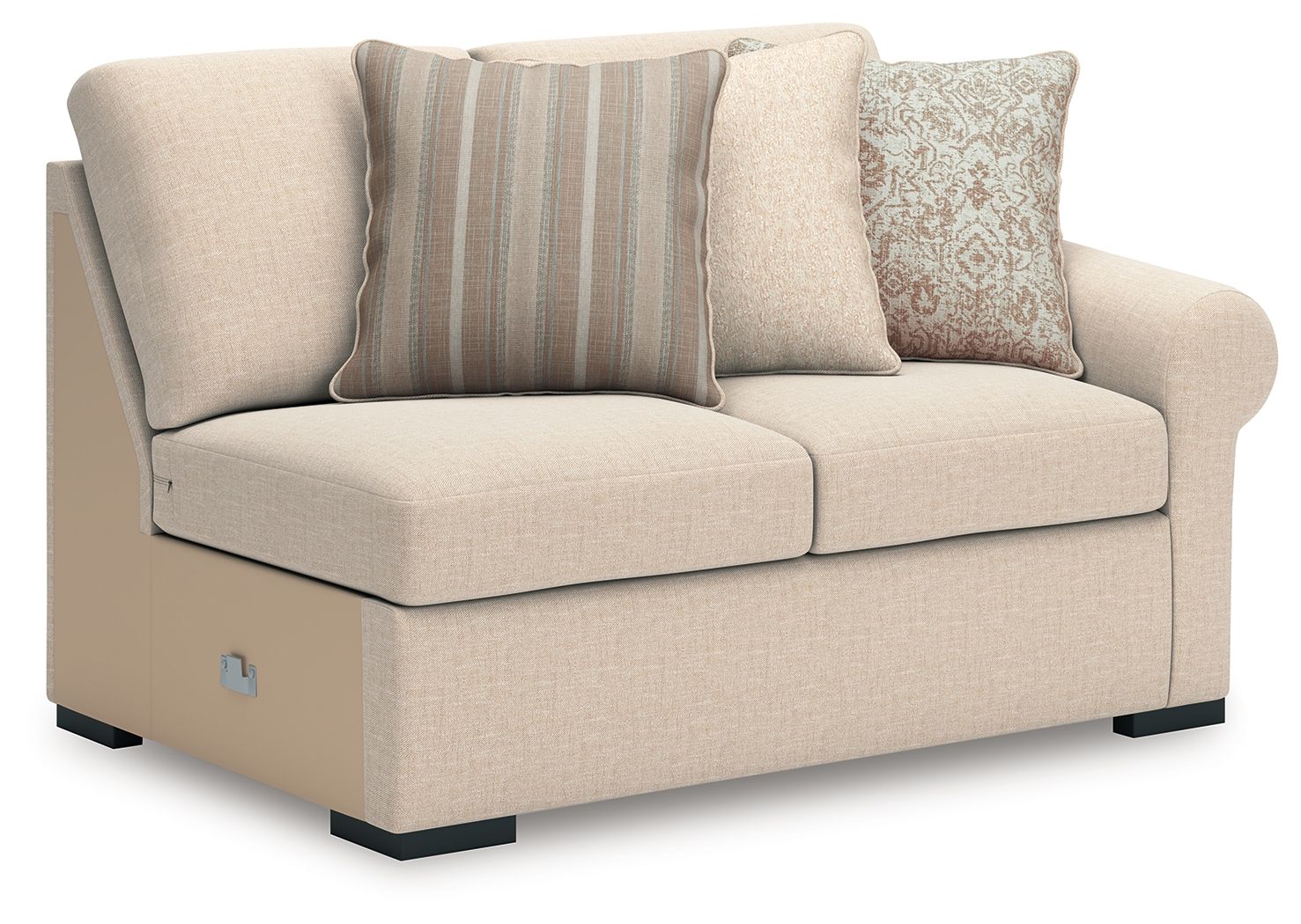 Left-facing loveseat chair with light beige upholstery, side armrest, and three throw pillows