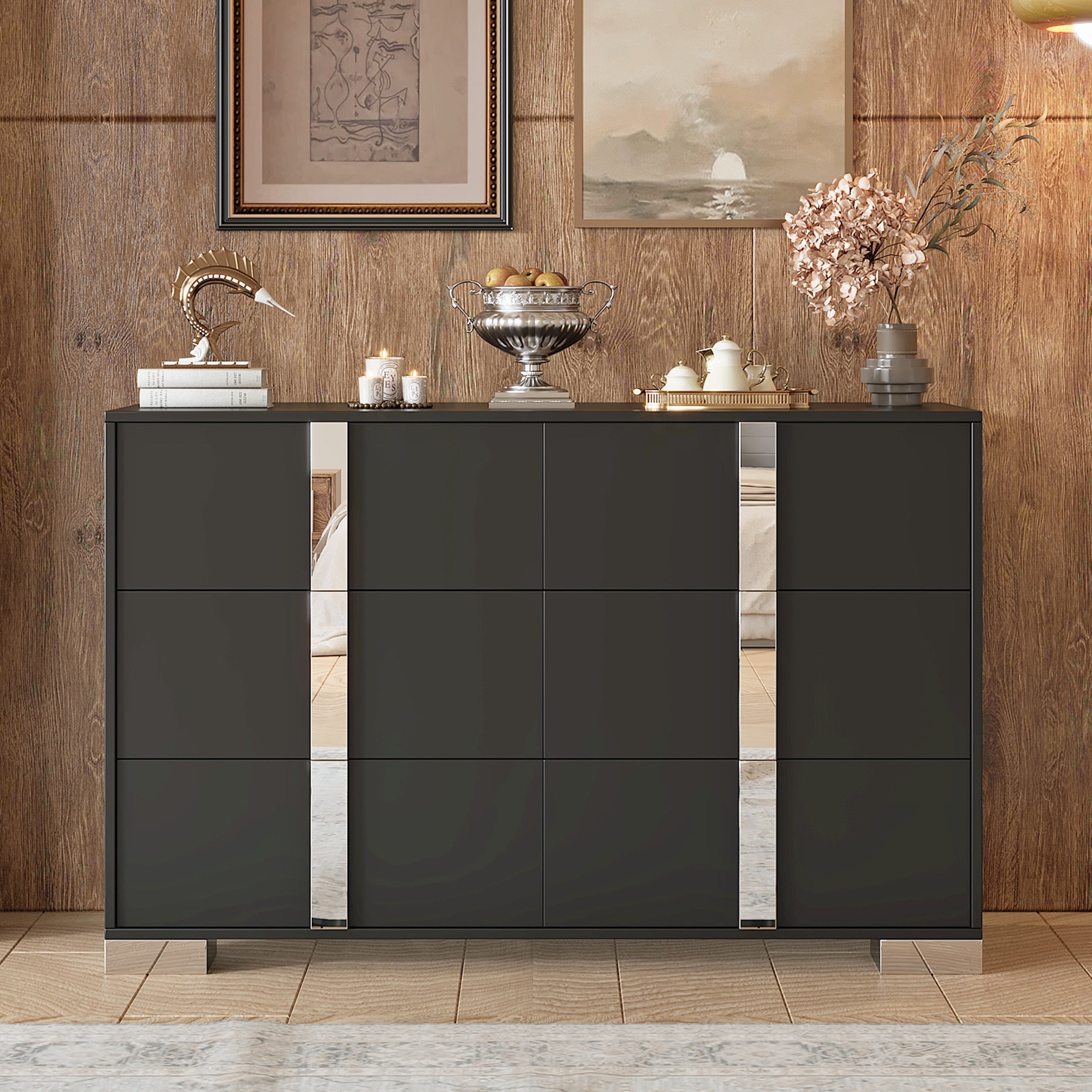 Black Modern Mirrored Dresser 6-Drawer Bedroom Living Room