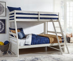 White bunk bed with guard rails and ladder; bed linens and pillows included