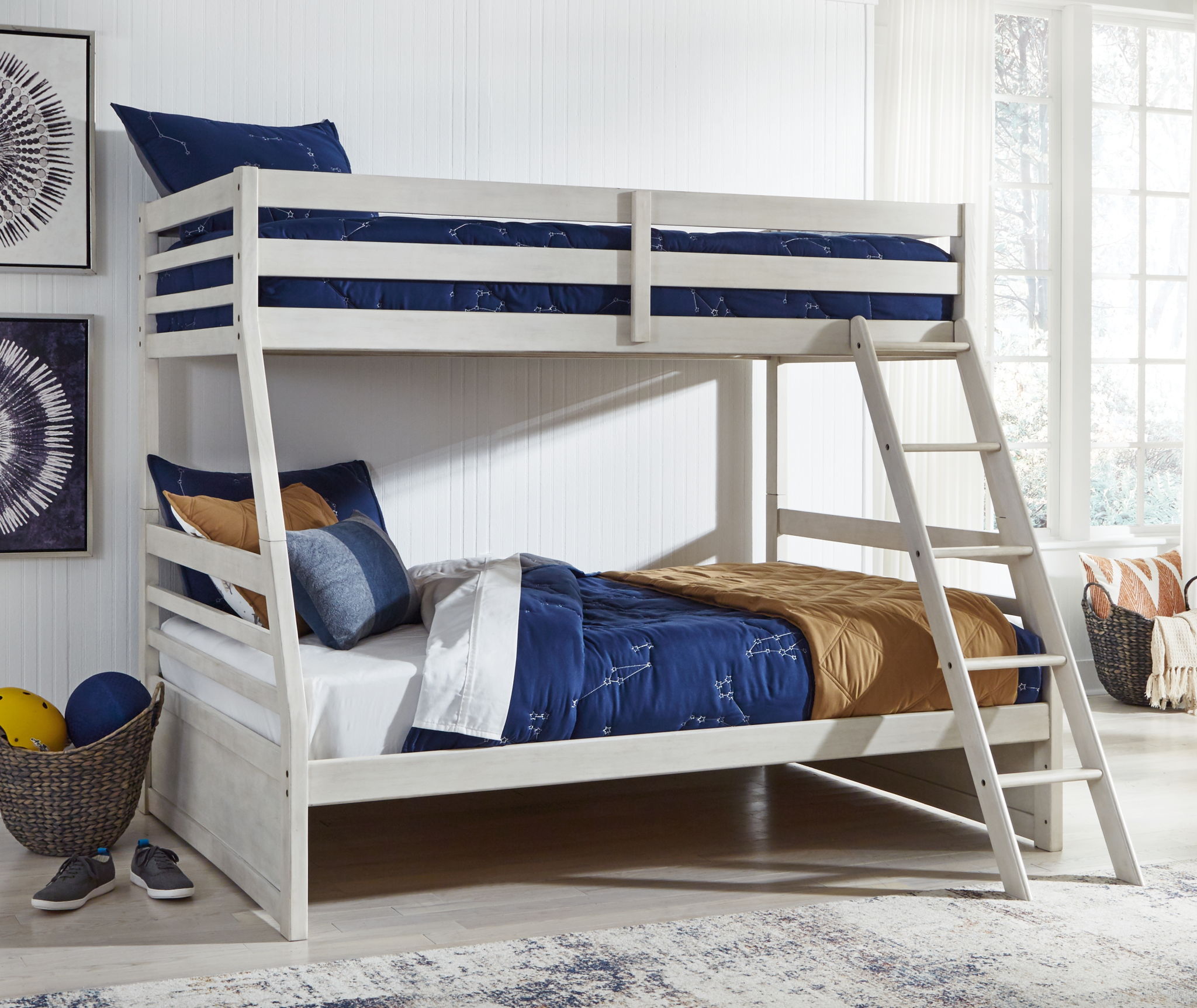 White bunk bed with guard rails and ladder; bed linens and pillows included