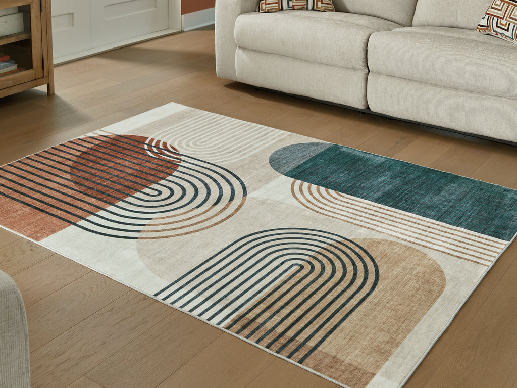 Farrendale washable rug with abstract curved stripes in beige, rust, and teal