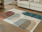Farrendale washable rug with abstract curved stripes in beige, rust, and teal