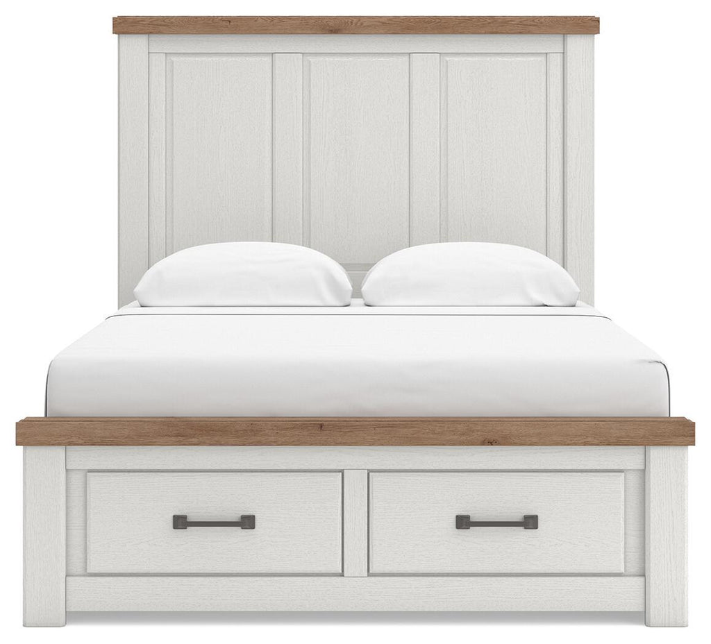 White panel storage bed with two under-bed storage drawers and wood-trim headboard