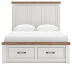 White panel storage bed with two under-bed storage drawers and wood-trim headboard