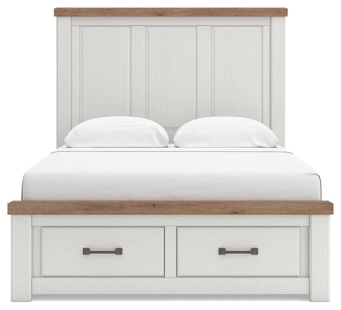 White panel storage bed with two under-bed storage drawers and wood-trim headboard