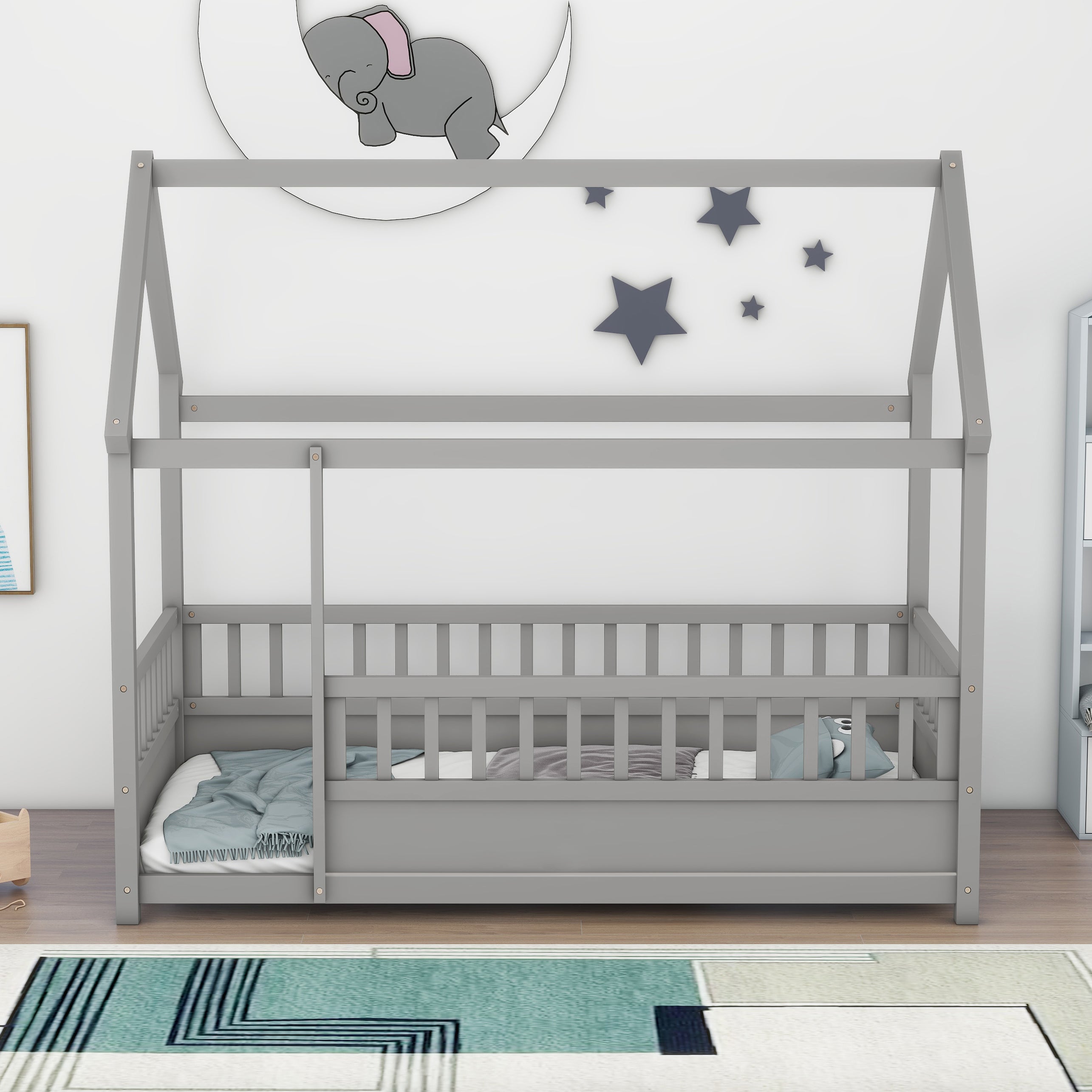 Kids Twin Grey Wooden Floor Bed w/ House Frame, Guardrails